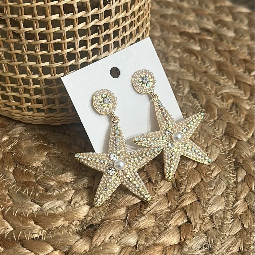 Starfish Summer Vacation Tropical Beach Gold Rhinestone Earrings